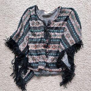Fringed Patterned Poncho Top